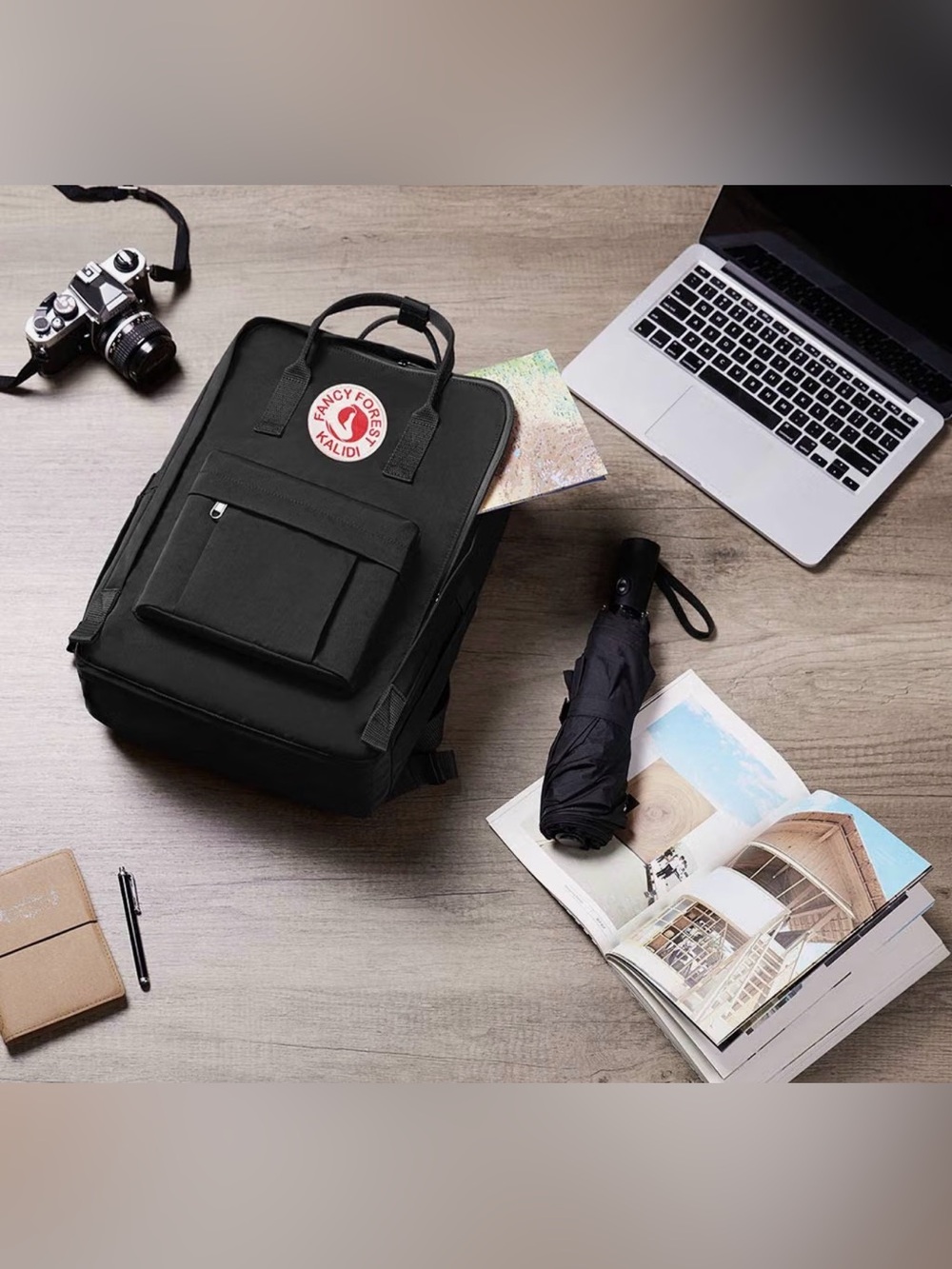 Black Fancy Forest Kalidi Casual Laptop Backpack with Front Pocket